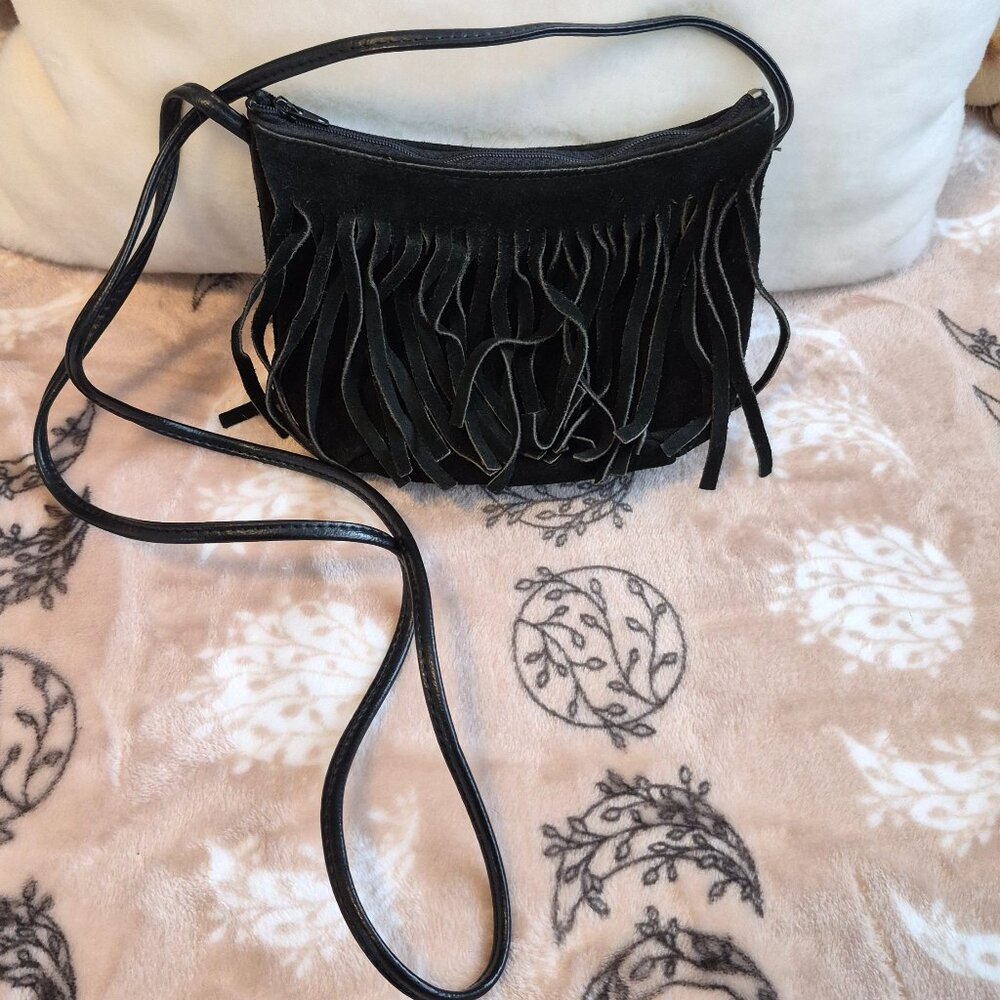 Small Black Leather Fringed Cross Body Purse with Zipper Closure